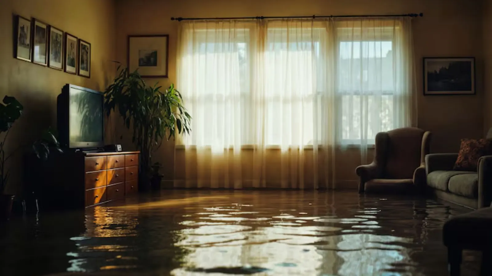 Living room with standing water covering the floor, light coming through sheer curtains